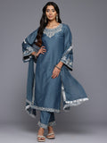 Varanga Women Grey Embroidered Straight Kurta with Bottom and Dupatta