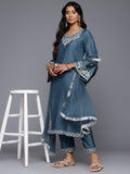 Varanga Women Grey Embroidered Straight Kurta with Bottom and Dupatta