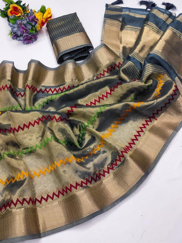 Ethnic Motifs Zari Woven Design Banarasi Saree