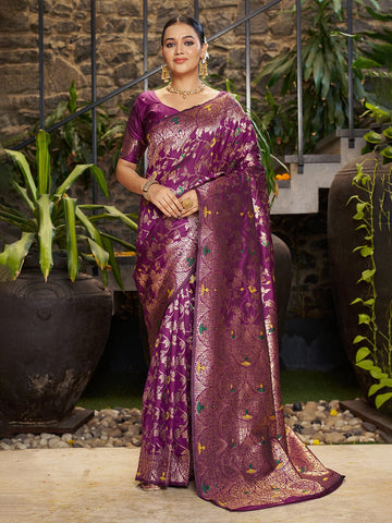 Varanga Women Woven Design Zari Silk Blend Banarasi Saree