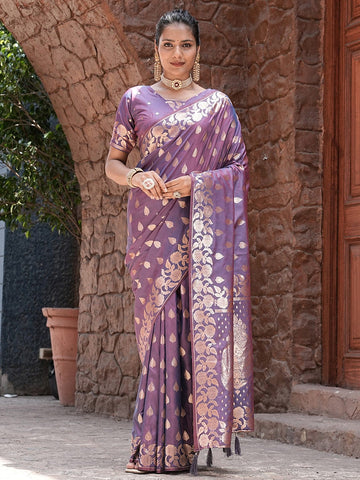 Varanga Purple Cotton Blend Banarasi Saree