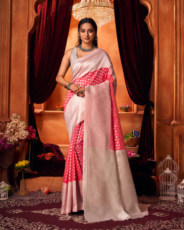 Varanga Red And White Festive Wear Jacquard Woven Banarasi Kanjivaram Saree