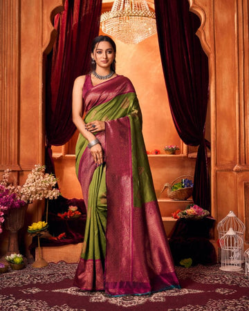 Varanga Festive Wear Green And Maroon Stylist Silk Woven Banarasi Kanjivaram Saree