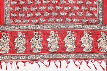 varanga red and off white printed khadi cotton dupatta with tasselled border