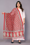 varanga red and off white printed khadi cotton dupatta with tasselled border