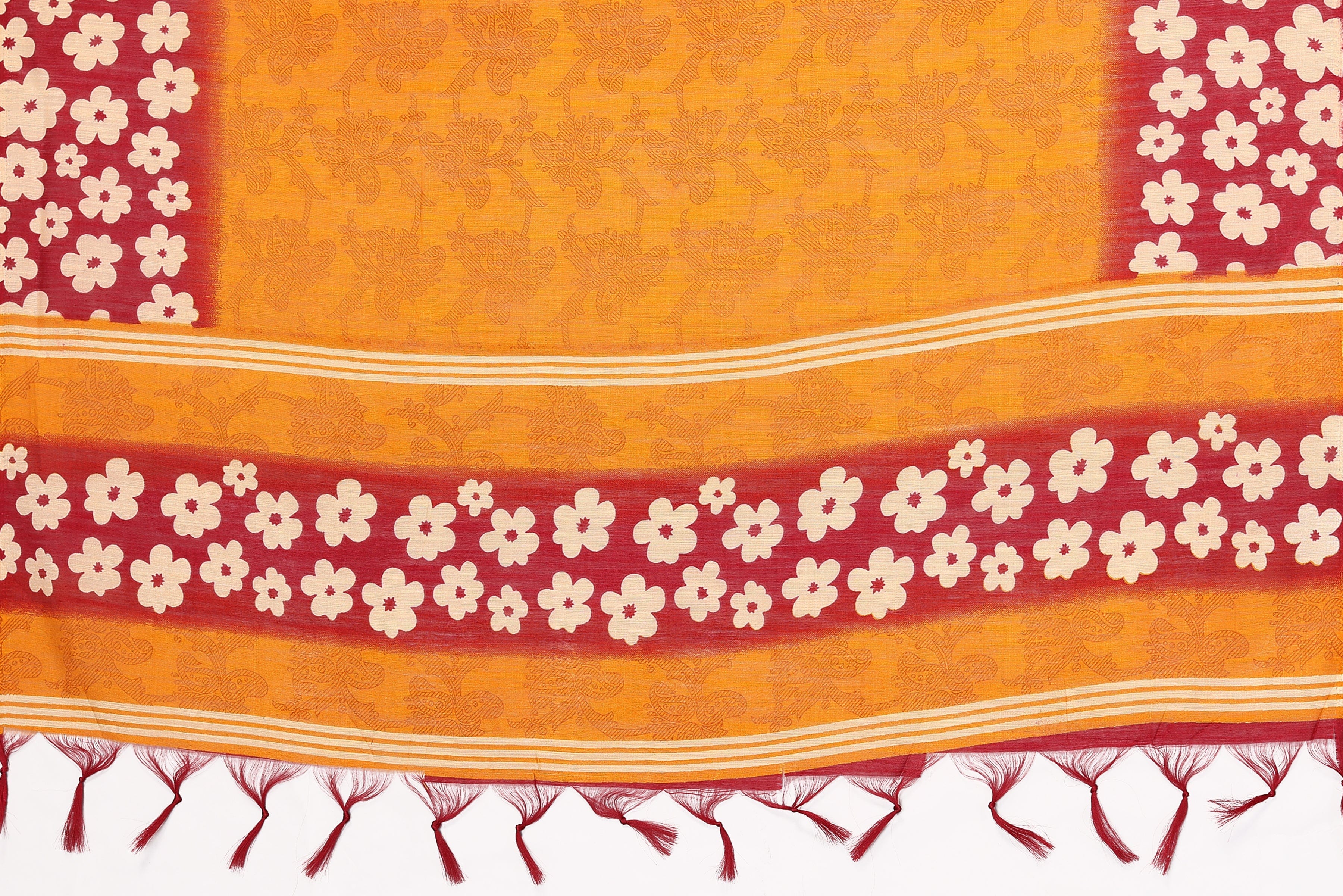 Varanga Mustard And Red Printed Khadi Cotton Dupatta With Tasselled Border