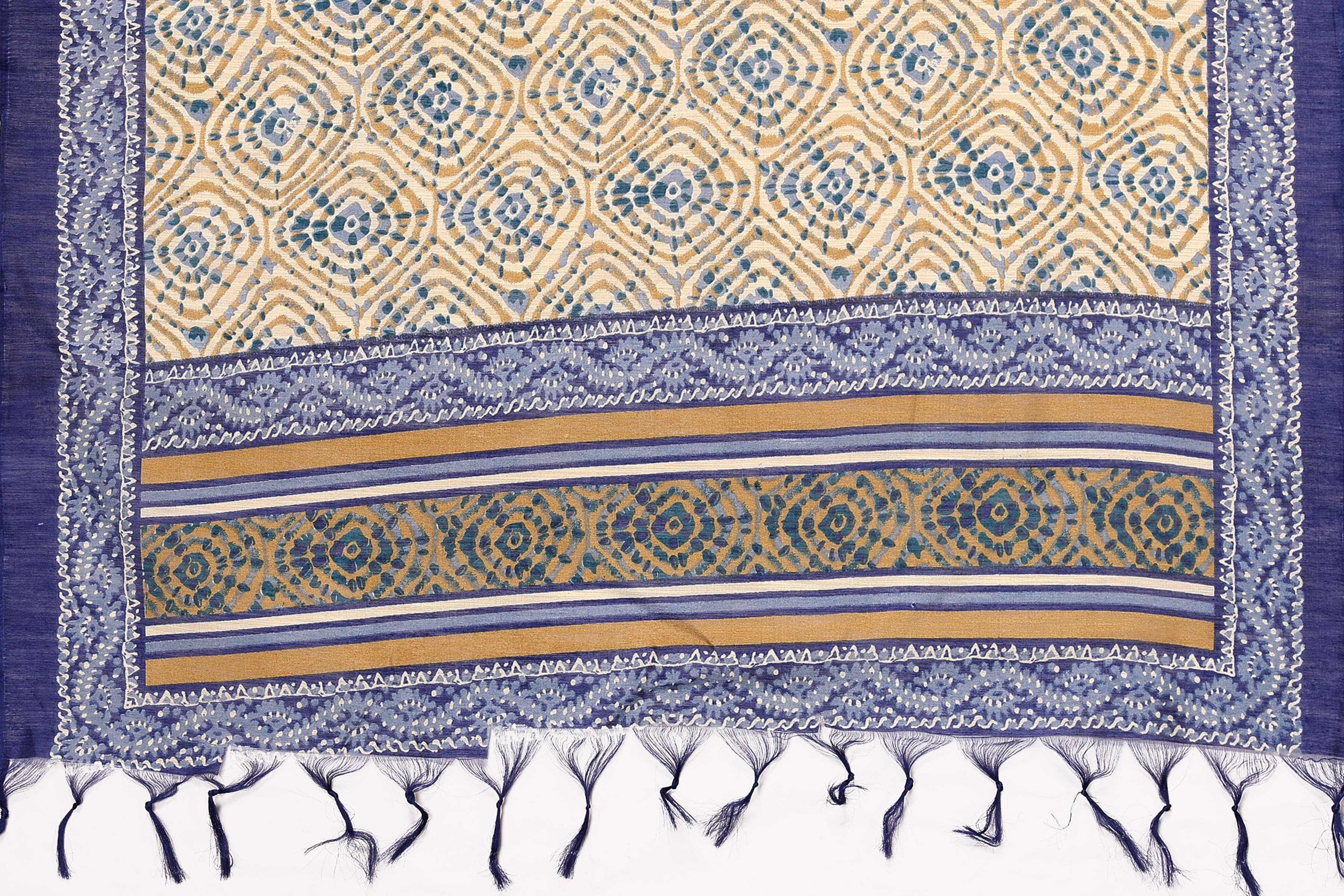 Varanga Blue And Beige Printed Khadi Cotton Dupatta With Tasselled Border