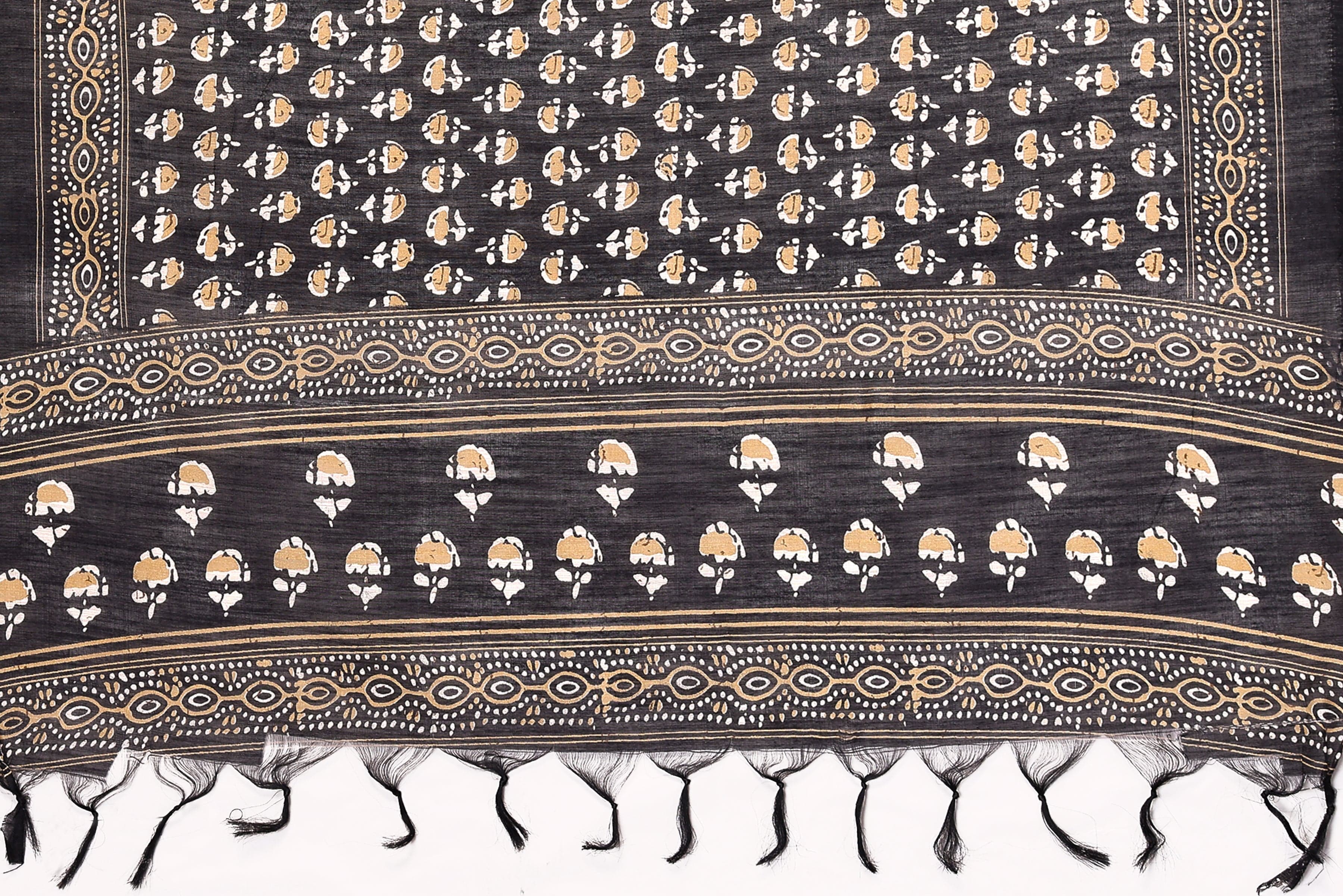 Varanga Black And Beige Printed Khadi Cotton Dupatta With Tasselled Border