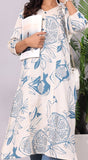 Varanga White & Blue Floral Printed V-Neck Sequinned Panelled Cotton A-Line Kurta