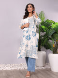 Varanga White & Blue Floral Printed V-Neck Sequinned Panelled Cotton A-Line Kurta