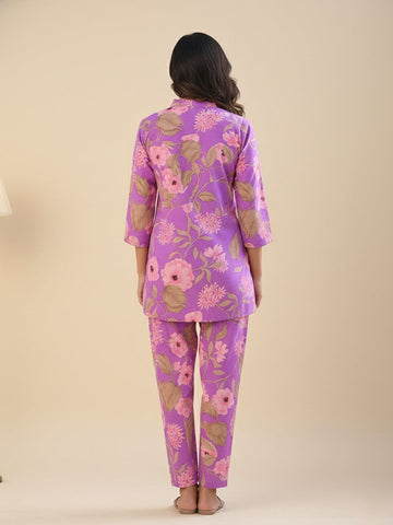 KSUT Women  Lavender Floral Printed Cotton Co-Ords