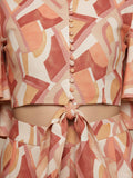 KSUT Women Beige Multicolour Flared Sleeves, Front Open With Tie Up Details Crop Top Paired With Flared Bottom