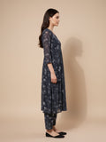 KSUT Women Navy Blue Allover Floral  Printed Pleated Empire Kurta Paired With Tonal Bottom