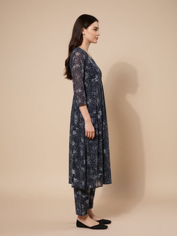 KSUT Women Navy Blue Allover Floral Printed Pleated Empire Kurta Paired With Tonal Bottom