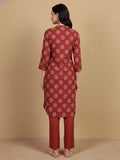 KSUT Women Printed Kurta With Thread Details On Neck Paired With Solid Trousers