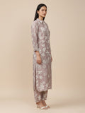 KSUT Women Grey Shirt Collar Side Slit Tunic With Tonal Printed Bottom