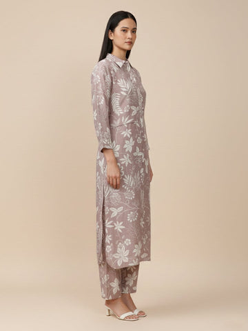 KSUT Women Grey Shirt Collar Side Slit Tunic With Tonal Printed Bottom