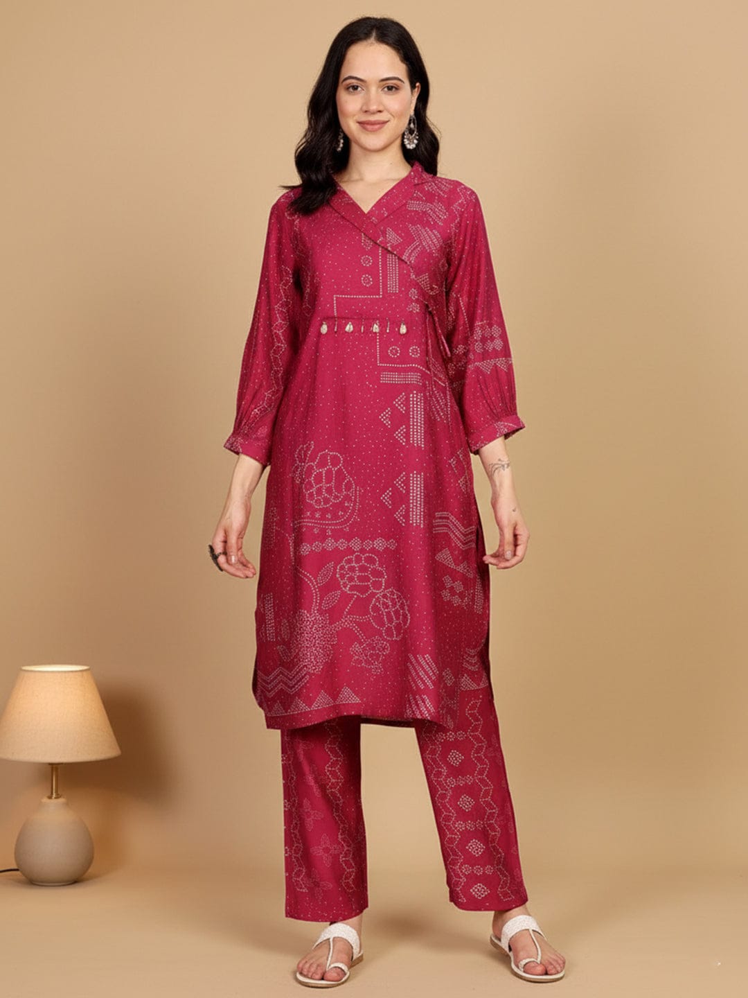 KSUT Women Bandhani Printed With Cuban Collar Regular Fit Kurta With Tassle Detail