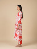 KSUT Women Peach Floral Printed V-Neck Straight Kurta With Tessels Hem Paired With Tonal Solid Bottom