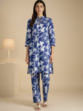 Blue and white printed straight kurta with a mandarin collar, paired with solid straight-fit trousers—perfect for everyday elegance and comfort.