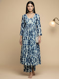 KSUT Women Blue Shibori Printed V-Neck A-Line Kurta Paired With Tonal Printed Bottom