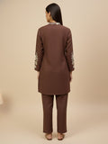 KSUT Women Elegant Brown Co-Ord Set Featuring Thread Embroidery , Paired With Ankle-Length Trousers For A Chic, Coordinated Look.