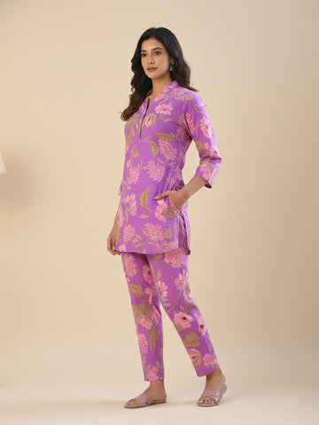 KSUT Women  Lavender Floral Printed Cotton Co-Ords