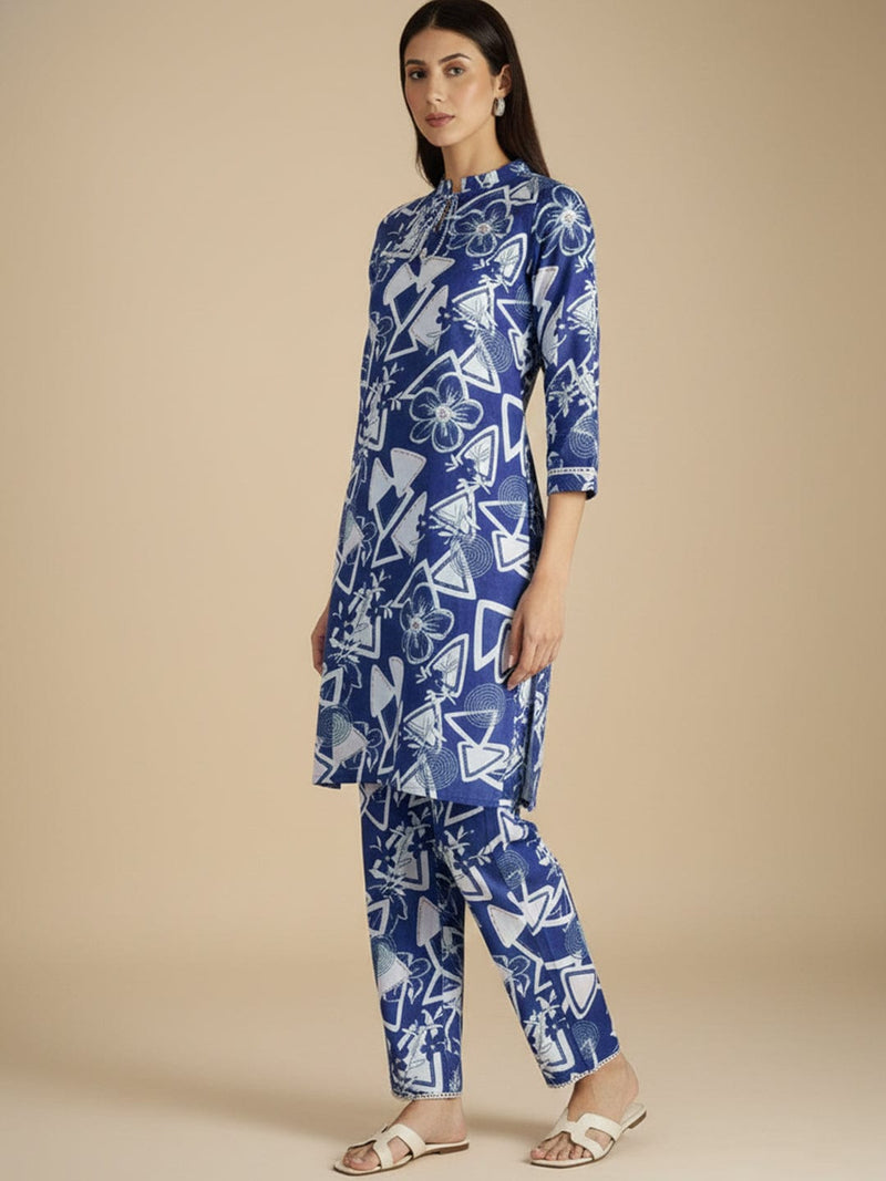 Blue and white printed straight kurta with a mandarin collar, paired with solid straight-fit trousers perfect for everyday elegance and comfort.