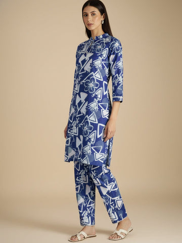 Blue and white printed straight kurta with a mandarin collar, paired with solid straight-fit trousers—perfect for everyday elegance and comfort.