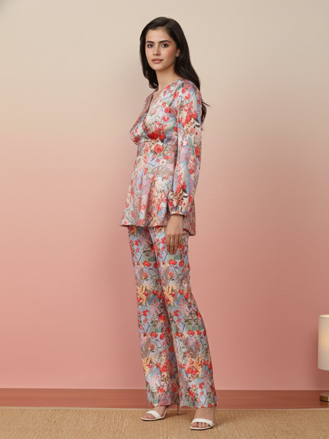 KSUT Women Multi Colour Floral Printed Top Paired With Tonal Printed Bottom