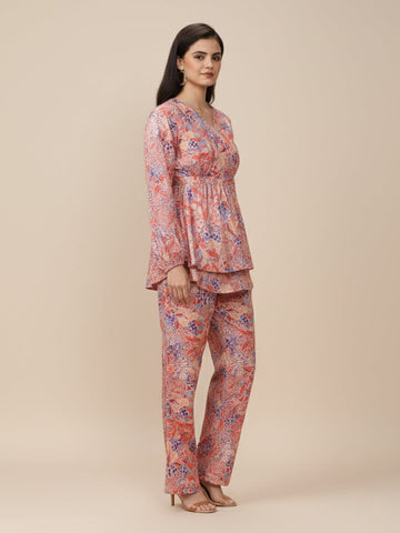KSUT Women Beige Abstract Printed Top Paired With Tonal Printed Bottom