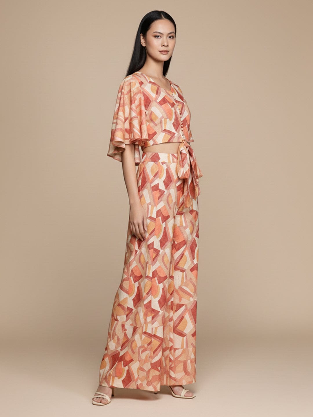 KSUT Women Beige Multicolour Flared Sleeves, Front Open With Tie Up Details Crop Top Paired With Flared Bottom