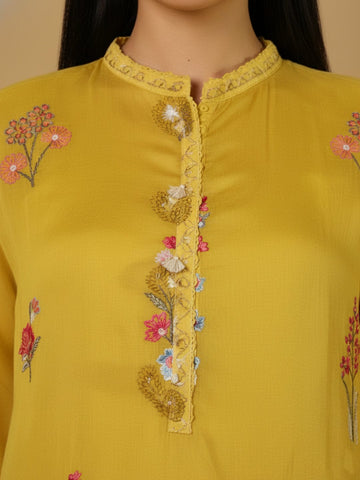 KSUT Women Floral Thread Embroidered Silk Kaftan With Tonal Bottom.