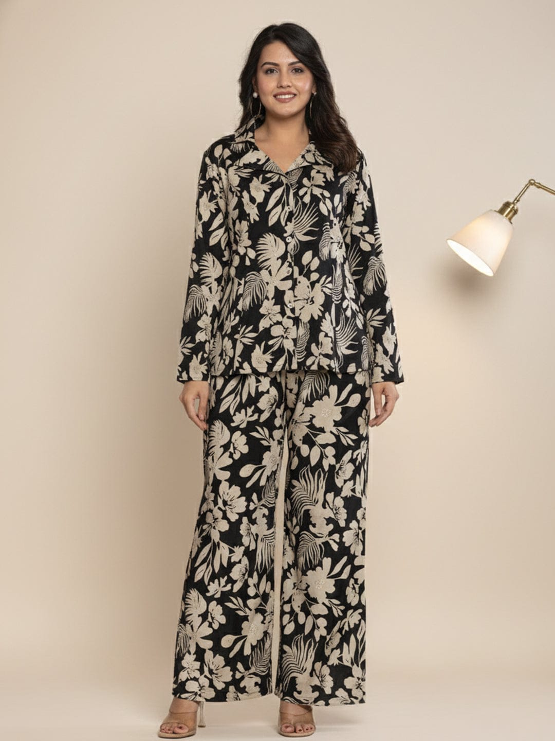 KSUT Women Floral Printed Front Placket Shirt with Flared Palazzo