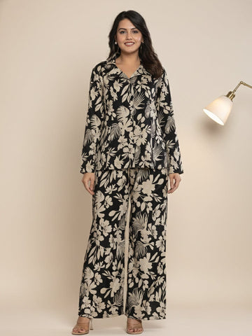 KSUT Women Floral Printed Front Placket Shirt with Flared Palazzo