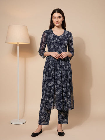 KSUT Women Navy Blue Allover Floral  Printed Pleated Empire Kurta Paired With Tonal Bottom
