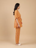 KSUT Mustard And Pink Floral Printed V Neck Kaftan Trouser Set
