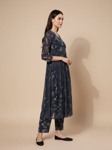 KSUT Women Navy Blue Allover Floral  Printed Pleated Empire Kurta Paired With Tonal Bottom