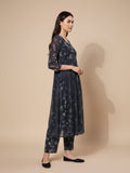 KSUT Women Navy Blue Allover Floral  Printed Pleated Empire Kurta Paired With Tonal Bottom