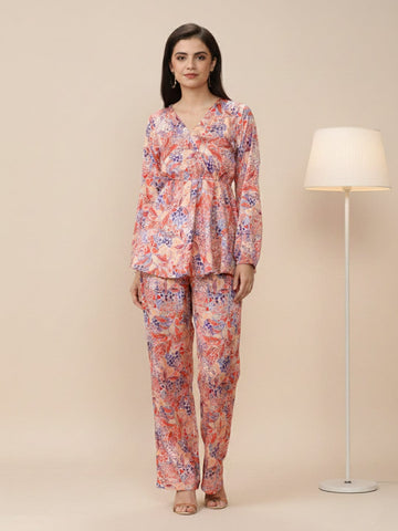 KSUT Women Beige Abstract Printed Top Paired With Tonal Printed Bottom