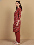 KSUT Women Printed Kurta With Thread Details On Neck Paired With Solid Trousers