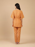 KSUT Mustard And Pink Floral Printed V Neck Kaftan Trouser Set