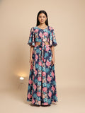 KSUT Women Blue Floral  Printed, Flared Sleeves, Front Open With Tie Up Details Crop Top Paired With Flared Bottom
