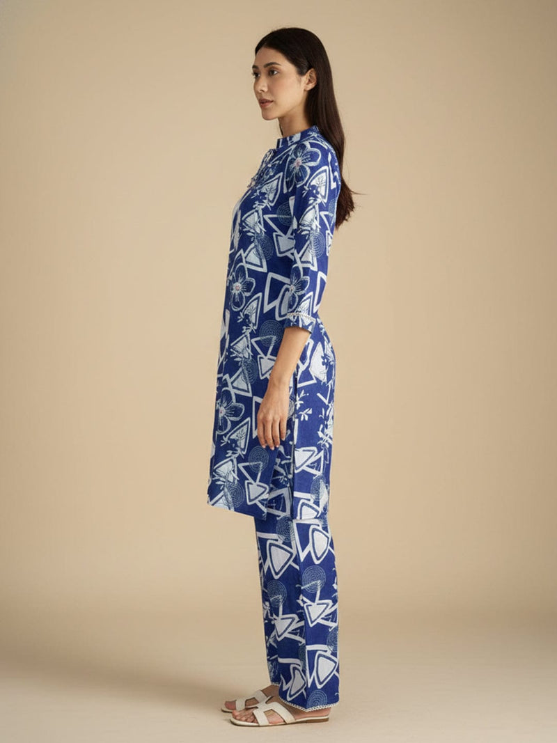 Blue and white printed straight kurta with a mandarin collar, paired with solid straight-fit trousers perfect for everyday elegance and comfort.