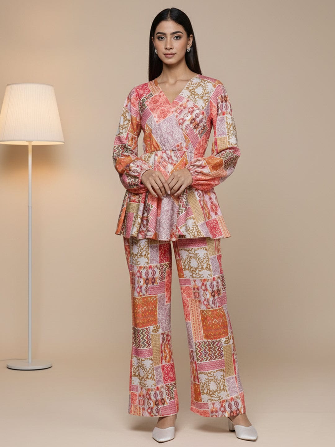 KSUT Women Multi Abstract Printed V-Neck Angrakha Style Top Paired With Tonal Printed Flared Bottom