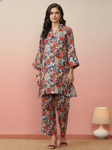 KSUT Women Beige Abstract Printed V-Neck Angrakha Style Top Paired With Tonal Printed Flared Bottom