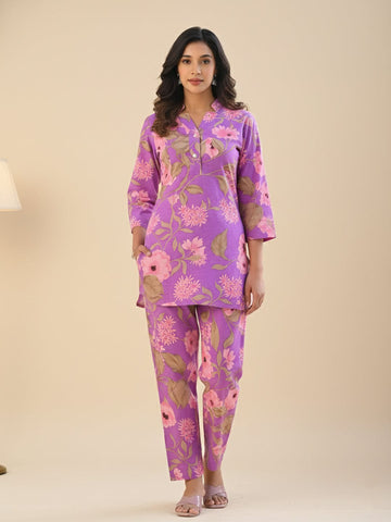 KSUT Women Lavender Floral Printed Cotton Co-Ords