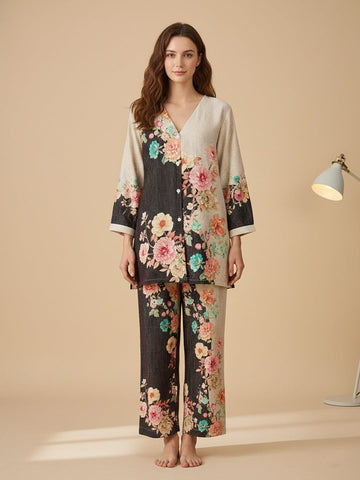 KSUT Women Contrast Black And White Floral Co-Ord Set With Elasticated Waistband On Trousers