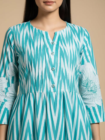 KSUT Women-Floral & Stripper Printed Flared Kurta With Trouser