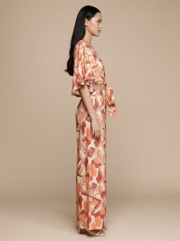 KSUT Women Beige Multicolour Flared Sleeves, Front Open With Tie Up Details Crop Top Paired With Flared Bottom